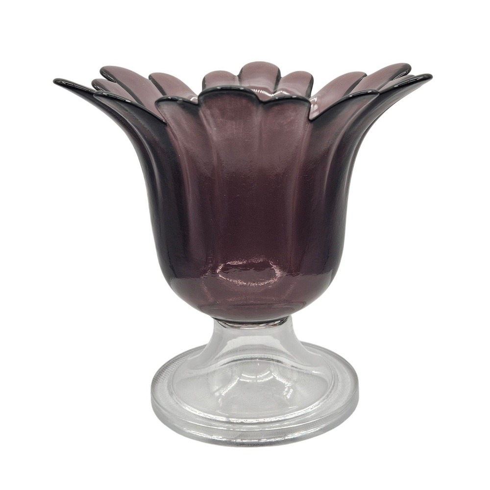 Vintage Amethyst Purple Art Glass Tulip Vase Scalloped Petal Rim Clear Base 7in